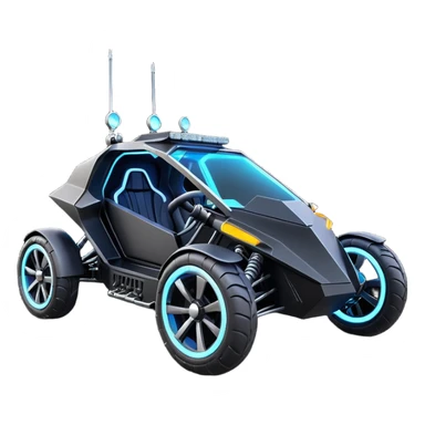 Mad max survival apocalypse ghostly sporty futuristic electric Darth Vader’s Batman-armored 1876 black graphite colored enclosed twin seat town buggy with horizontal holographic 3d stars painted on the body sides and neon under glow  sticker