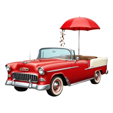 1955 Chevrolet Bel Air Convertible, Red-White color, with a bucket of brown mud pouring down on it, and the car itself is covered in brown mud on the sides that has stuck.32x32 pixels, aspect ratio: 1:1 sticker
