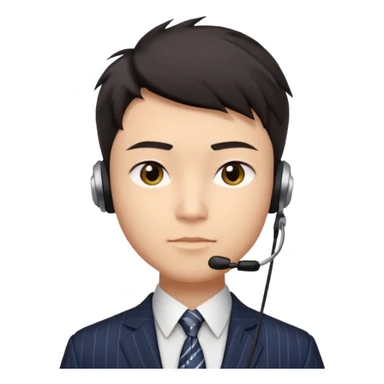 gay young Asian man with light skin, short dark hair styled upward with a sharp spiked swoop in front, slightly narrowed almond-shaped eyes with a confident, knowing squint, a clean-shaven face, and a sleek single-ear headset, wearing a dark pinstripe suit with a patterned shirt tie sticker