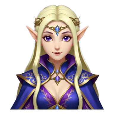 Cinematic Realistic WoW Elf Mage Portrait, head tilted dramatically with an exaggeratedly amused expression, blending timeless arcane wisdom with a touch of unexpected playfulness. Her luminous, porcelain-like skin and delicate features, complemented by an intricately detailed robe in deep blues and purples with golden filigree, are rendered with lifelike texture and dynamic magical lighting, high shine, dramatic yet whimsical, capturing the essence of an elven mage whose epic mastery is tinged with charming irreverence. sticker