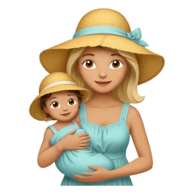 A mom in a sunhat holding her baby gently, wearing a sun-dress while smiling softly. sticker