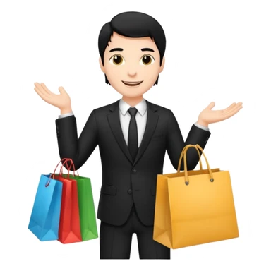 a white elegant man black hair in a black suit with clothing shopping bag sticker