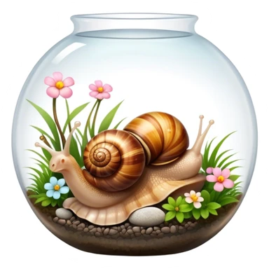 Close-up of large home snails inside a terrarium, showcasing their soft, spiral shells and glistening bodies, with a gentle light highlighting their details. With stones and grass and flowers. Transparent background. sticker