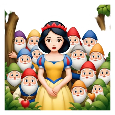 Snow White standing gracefully in a lush forest, surrounded by the Seven Dwarfs sticker