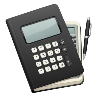 Minimalistic flat vector icon, iOS style, thin black contour on white background. Small black notebook with visible binding, placed next to a calculator. Clean, modern, no text, no shadows. sticker