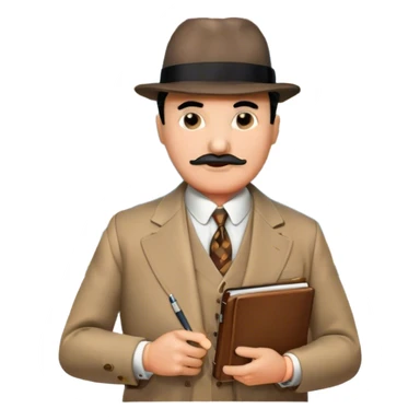 A cinematic-style frame showing Hercule Poirot in his iconic suit with a notebook in a dramatic detective pose. Background should be mysterious city, map, a board with photos of suspects, clues like fingerprints. Transparent background. sticker
