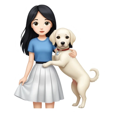 A girl with long black hair, a beautiful white skirt and fair skin is holding a white Labrador sticker