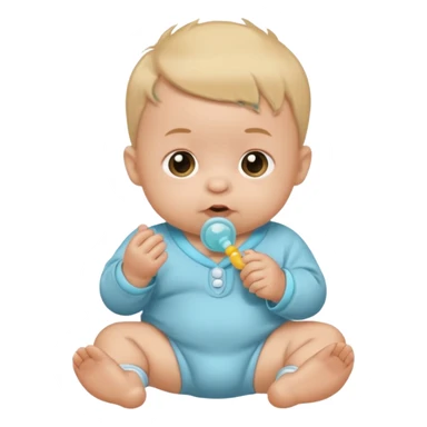 A cartoon baby with light skin, small tuft of hair, wearing a baby outfit, holding a pacifier, front-facing sticker
