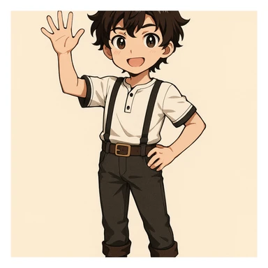 young anime boy with dark wavy hair, wearing a simple golden crown, white shirt with black trims and black suspenders, dark pants with belt and boots, standing confidently with one arm raised saying hello sticker