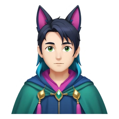 anime man with long-straight-dark-blueish-black-gradient hair, long black fox ears with pink Scapha, hazel-gradient-brown-turquoise eyes, gold earring, dark-blue-sweater, green cape,  sticker