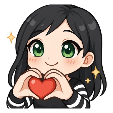 Twitch emote of a girl with black hair and green eyes, making a heart with her hands, in a shiny, detailed chibi style with large eyes, sparkles, soft shading, and a loving expression, matching the reference style. sticker