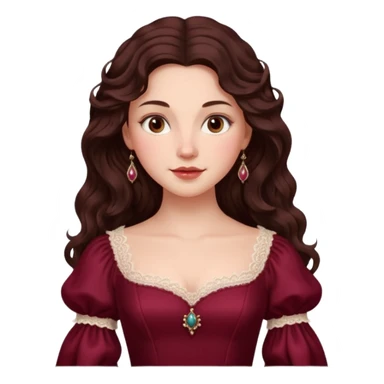 Renaissance lady – long dark brown wavy hair, burgundy gown with lace neckline sticker