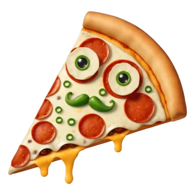 Make a photo of a pizza with pepperonis from eyes and mushroom from the nose and green bell pepper from the mouth and mustache sticker