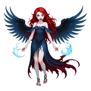 full body portrait of an extremely diabolical girl with pale white skin, massive towering wings, very long flowing blood red hair, glowing blue eyes, evil grin, no accessories, with swirling red and black smog/smoke at the bottom of her feet sticker