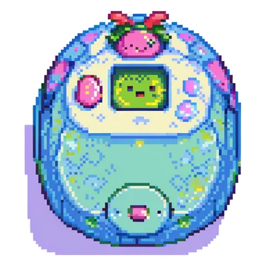 Tamagotchi virtual pet device, pixel art style, bright colors, retro digital look sticker