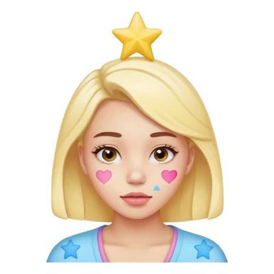 A cute emoji-style young woman with a small pimple on her cheek covered by a colorful pimple patch shaped like a star or heart,The sticker is glossy and pastel-colored (pink, yellow, blue). sticker