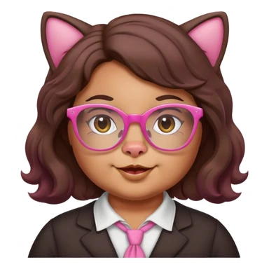 chubby English teacher face, pink cat glasses, wavy long dark brown hair, cheerful sticker