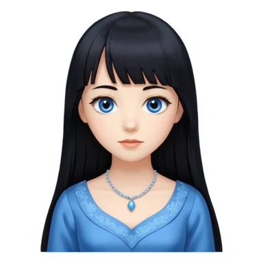 Uma mulher, pele branca, cabelos longos liso preto, franja estilo hime cute, olhos no tom azul celeste, estilo amendoados, cílios delicados longos, usando roupas elegantes sticker