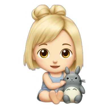 bébé fille blonde décoiffée assise avec une peluche Totoro  sticker