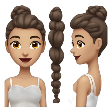 A girl with curved brown eyebrows, dark brown hair, bushy eyelashes, a high nose bridge, red lips, a white skirt with a swing neck, a fair complexion, and a smile sticker