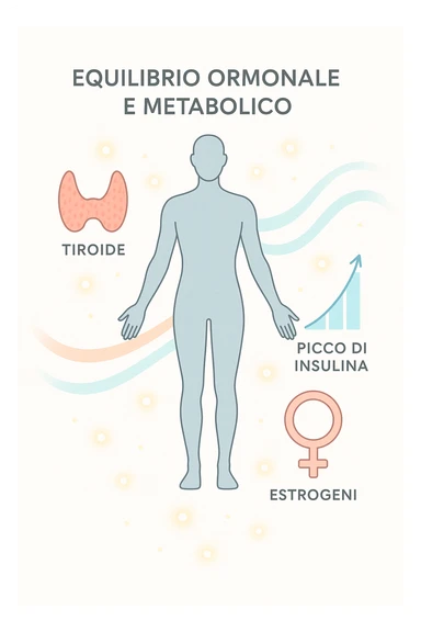 Il corpo è circondato da simboli delicati e bilanciati che rappresentano equilibrio ormonale e metabolico: piccoli cerchi, flussi energetici colorati, simboli stilizzati di tiroide, picco insulina, estrogeni. 4k immagine in italiano sticker