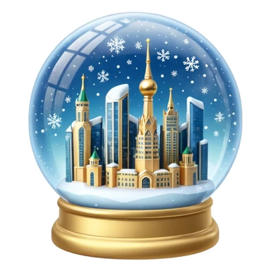 Apple style 3D emoji of a crystal snow globe. Inside the globe are the glowing skyscrapers of Moscow City (Federation Tower and Evolution Tower) covered in snow. Golden sparkles and snowflakes floating inside. High-quality
3D render, glossy glass, soft lighting, isolated on a white background. sticker