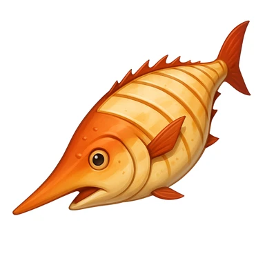 Add a prominent sword-like bill to the cooked swordfish steak, emoji style. Keep the cooked look, no garnish. sticker