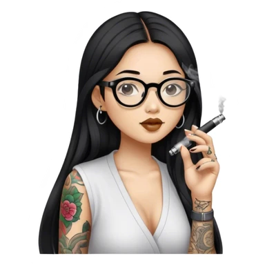 Black hair long hair Asian girl, wearing slippers, glasses, only one arm tattooed, smoking an e-cigarette sticker