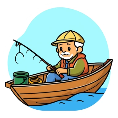 elderly fisherman sitting in boat with fishing rod sticker