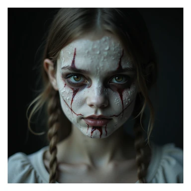 realistic horror portrait of a beautiful scary girl with cracked porcelain skin, supernatural aura, intense gaze, photorealistic sticker