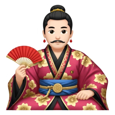 Wealthy warlord in ornate kimono, crest on chest, seated with fan in hand. sticker