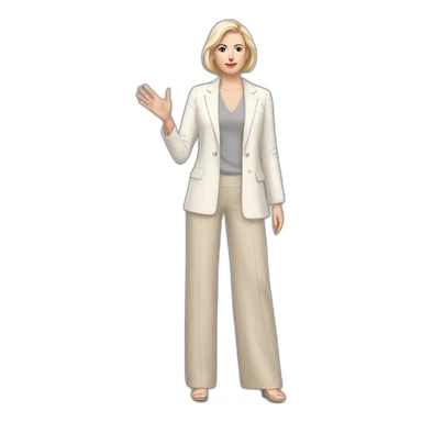 Full height Actively gesturing with hands pale skin woman with ash blonde Straightened bob Hair, White Spacious classical jacket, beige palazzo Arrow pants and gray blouse sticker