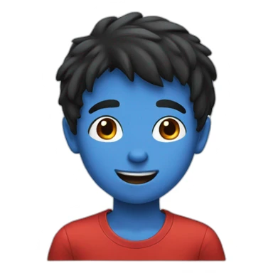 A boy with black hair and a red nose and a blue t-shirt sticker