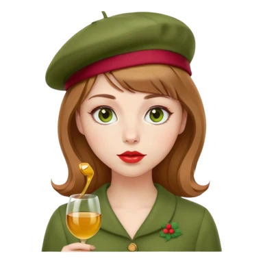 Pale girl with light brown hair and bangs, honey-colored eyes and wine-colored lips; wears a soft green dress with a red beret sticker