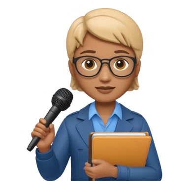 Apple Memoji-style 3D emoji of a journalist holding a microphone and notepad, smooth gradients, rounded shapes, no background. sticker