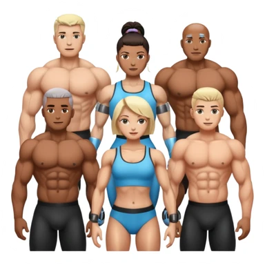 a group of pumped up men and women with visible cyber implants sticker