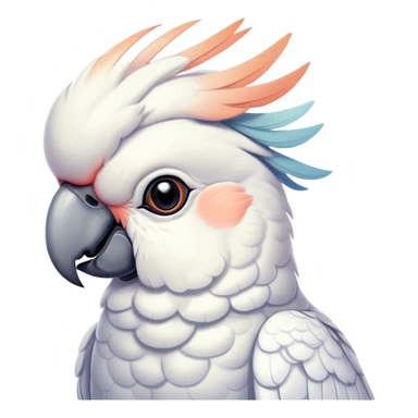 Cinematic Noble Cockatoo Portrait Emoji, Poised and regal, with a striking, crest-adorned head of brilliant white and pastel hues, a robust, curved beak, and piercing, intelligent eyes, Simplified yet sharp and sophisticated features, highly detailed, glowing with a soft, tropical luminescence, high shine, intelligent and majestic, stylized with an air of avian elegance, focused and alert, soft glowing outline, capturing the essence of a watchful and confident cockatoo that appears ready to unfurl its crest out of the screen with effortless authority! sticker