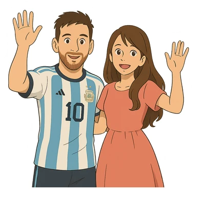 ghibli style Messi and Antonella waving sticker