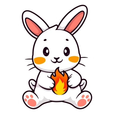 Adorable bunny with fire paws, flames burning from feet, cute happy face sticker