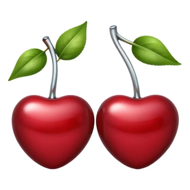A pair of cherries emoji made of polished silver chrome, smooth rounded shapes, glossy metallic finish, soft highlights and reflections, cute proportions, iOS emoji style, centered, clean white background, no text sticker