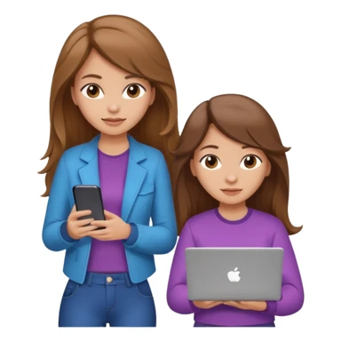 two brown haired girls, looking professional maybe leaned back on back and looking forward and using phones, with longer hair and with some cute clothes without ties, blowout hair, one girl can hold lap top athoer one can hold the phone sticker
