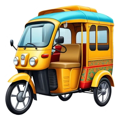 Cinematic Realistic image of a colorful auto rickshaw, rendered with detailed textures and lively, bold hues, set on a bustling urban street with dynamic, vibrant lighting that emphasizes its iconic role sticker
