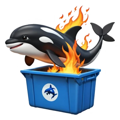 3d Cartoon orca coming out of a dumpster on fire sticker