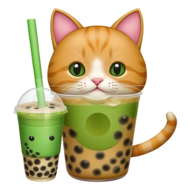 cat drinking bubble tea, apple style emoji, green background sticker