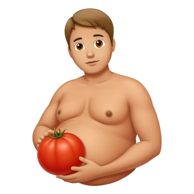 very pregnant man with a round red tomato as his pregnant belly sticker