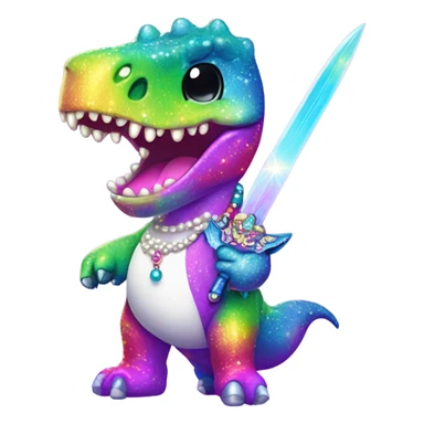 Lisa frank glitter rainbow cute dinosaur with sword and pearls sticker