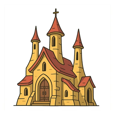 medieval temple, cartoon style, exaggerated shapes, bright colors, tall towers sticker