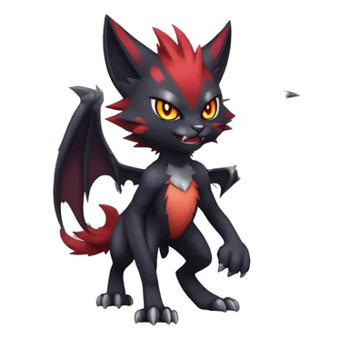   cool edgy beautiful fantasy anime-style dark animal vampiric Litten-Zoroark-cat-hybrid Fakemon with big fangs and bat-ears full body sticker