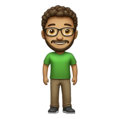 A 25 years old character that started a start-up company. He is joyful, with a small beard, trustworthy, smart, loving, with glasses, wearing a green t-shirt and brown pants. sticker