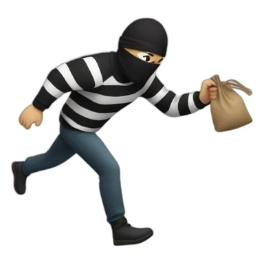 A robber runs away with a bag of money wearing a striped sweater, black pants and a blindfold. sticker
